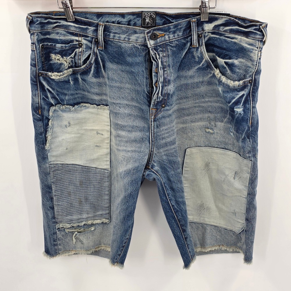 NEW Prps Challenger Mens 40 Blue Patchwork Distressed Denim Jean Shorts